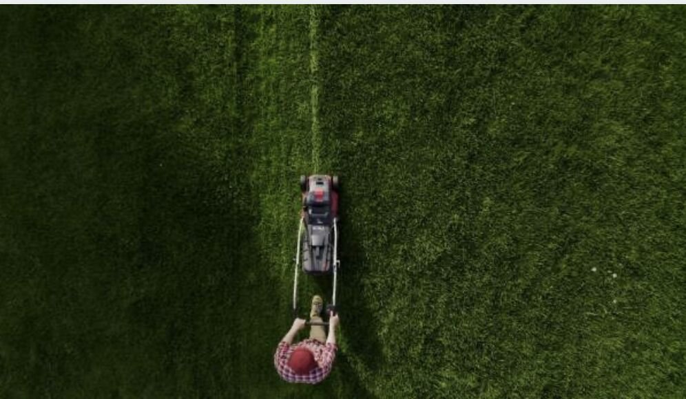 Ride-on mower cutting stripes across a lawn